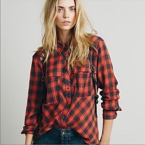Free People Gauzy Plaid Lace Up Button Down Top‎ in Red Combo Size Small